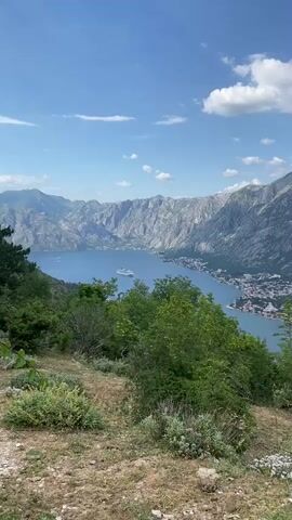 This video showcases a scenic vista of a bay, likely in Montenegro, with steep, rocky mountains framing a calm, blue body of water. A large cruise ship is prominently featured sailing on the bay, with a smaller vessel visible in the distance. The foreground is covered in dry, rocky ground with sparse green vegetation and shrubs, suggesting a warm, possibly arid climate. Lush green trees and bushes grow on the slopes leading down to the bay, adding a vibrant contrast to the rugged mountainous landscape. The sky is a clear, bright blue with a few scattered white clouds, indicating fair weather and likely daytime. The overall impression is one of natural beauty and tranquility, with the presence of the cruise ship suggesting a popular tourist destination. The mountainous terrain and the configuration of the bay are characteristic of the Bay of Kotor, a UNESCO World Heritage site. No text is visible in the video.