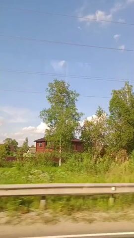 The video shows a view from a moving vehicle on a sunny day. The environment consists of a road with a white line, a guardrail, and lush green trees and foliage on the side. In the distance, there are power lines against a blue sky with scattered white clouds. A green kiosk-like structure is visible near the trees, and a white and blue bus passes by. The bus has windows and wheels, and some figures can be seen inside the bus. The video captures the scenery as the vehicle continues to move, with the trees and the bus receding into the background.