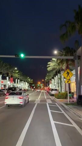 The video shows a nighttime view of a street lined with palm trees decorated with lights. Cars are driving on the road, and there are pedestrian crossings. The sky is dark, indicating it is nighttime. There are some shops and buildings visible on the sides of the street. A pedestrian crossing sign is visible on the right side of the street. The traffic light is green for the direction of travel.