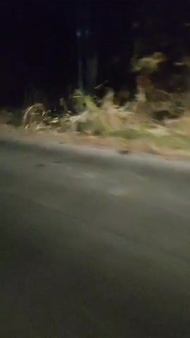 The video shows a nighttime view from a moving vehicle. The road is visible in the foreground, and the background is dark with blurred lights and vegetation. The camera appears to be recording from the passenger seat of a car or a similar mode of transport. The motion blur suggests a moderate speed. The environment appears to be rural or suburban, with occasional indistinct structures and trees visible along the roadside. There are no people or explicit actions depicted. The lighting is dim, consistent with nighttime conditions.