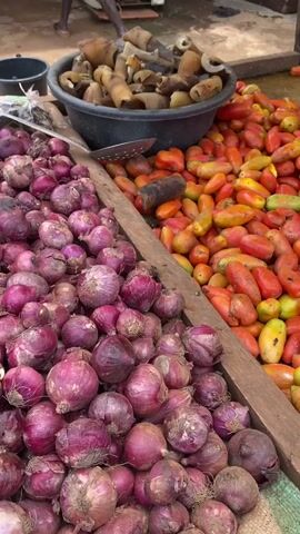 A stall at an outdoor market displays a variety of fresh produce and what appears to be dried meat. In the foreground, a large pile of red onions is neatly arranged on a wooden surface. To the right of the onions, a generous mound of ripe red tomatoes is visible, with some appearing to be slightly oblong in shape. Behind the tomatoes, a large black bowl is filled with pieces of what looks like dried animal skin or hide, some of which are curled or folded. A metal scoop with holes is partially submerged in the bowl of dried meat. In the background, a black bucket is visible on the left side of the frame, and a white appliance, possibly a refrigerator or cooler, is situated behind the stall. The ground appears to be dirt or a similar rough surface. A person's legs and feet can be seen in the upper left corner of the frame, suggesting a vendor or customer is present at the market. The lighting suggests it is daytime, with diffused natural light.