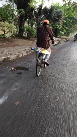 The video shows a person riding a bicycle on an asphalt road. The person is wearing a plaid shirt, light-colored pants, and an orange hat. They are riding away from the camera. The bicycle has a colorful decoration on the rear fender. The environment appears to be outdoors, with trees and a fence visible in the background. The road is wet, suggesting it may have recently rained. The footage is shaky, indicating it was likely filmed while moving.