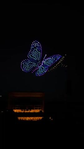 The video shows a night scene with a butterfly-shaped formation of lights in the sky. The butterfly is initially displayed in shades of blue and purple, then changes to white. Below the butterfly, there's a structure dimly lit with orange lights, and possibly some people standing in front of it. Music is playing. The overall environment is dark, emphasizing the illuminated butterfly and the structure below.