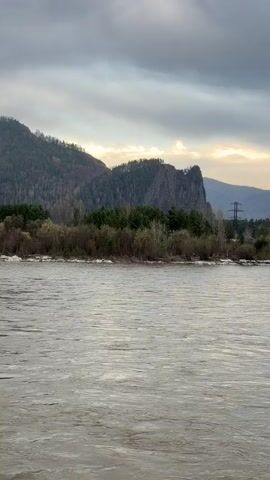 A video pans slowly from right to left, showcasing a wide, flowing river in the foreground. The river's surface is textured with small waves and reflects the muted light of an overcast sky. Along the far bank, there are patches of white, likely remnants of ice or snow, interspersed with bare deciduous trees and dark green coniferous trees.

As the camera continues to pan, more of the river bank is revealed, showing a cluster of small, colorful houses with varying roof colors (red, blue, green) nestled among the trees. Beyond the houses and trees, a range of rugged mountains rises, covered in a mix of sparse forest and rocky outcrops. The sky is largely cloudy, with some hints of lighter clouds or a weak sun breaking through in the distance at the start of the video. The overall impression is one of a vast, natural landscape in a cool, possibly early spring, environment, located in Abaza, Russia. No people or visible text are present.