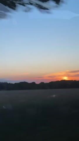 The video shows a sunset, framed by a car window, across a field and treeline. The sun is setting in the distance, creating a colorful orange and pink sky above the dark tree line. The foreground shows a blurry field. The car window has some reflections and a tree briefly obstructs the view. The music is playing and audible.