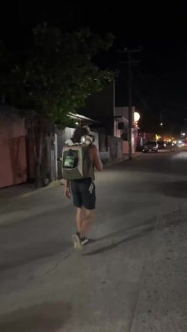 A man walks away from the camera down a narrow street at night. He wears dark shorts, sneakers, and carries a backpack, in which a dog appears to be riding. The street is lined with buildings and fences. There is a vehicle visible further down the street. Streetlights illuminate the scene. The video is slightly shaky.