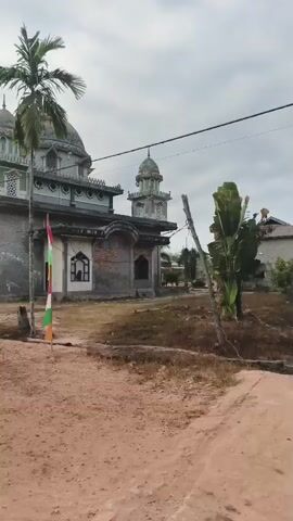 A dirt road leads past a mosque with green domes and minarets. Several flags are planted in the ground near the mosque. Tall palm trees and other vegetation are visible. The sky is overcast. The camera pans to the right, revealing more of the mosque and the surrounding area. Another building, possibly a house or community center, is visible in the distance. The road continues into the distance, flanked by trees and some low walls. The scene appears to be in a rural or semi-rural setting.