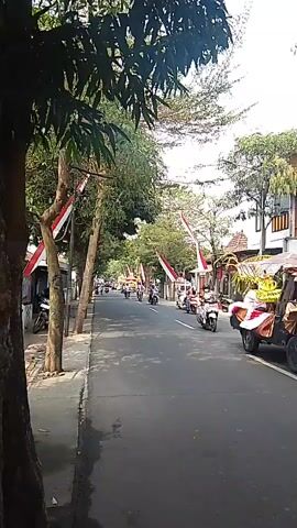 The video shows a street scene with several people riding motorcycles. The street is paved and lined with trees and buildings. Red and white flags are displayed on poles along the street, suggesting a celebration or national event. The sky is overcast, and the overall lighting suggests it is daytime. There is a slight blur to the image, indicating motion.
