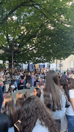 Crowd gathers behind barriers for event in Blagoevgrad