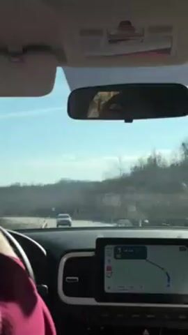 The video, shot from the driver's seat of a car, shows a road trip on a sunny day. The dashboard includes a steering wheel on the left and a navigation display showing the route ahead. The rearview mirror reflects the back of a person's head, possibly the driver. Outside, there is a blue sky with a few clouds, and a roadside area with trees. The car appears to be moving.