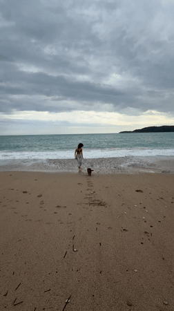 Woman plays with dog on Montenegro beach