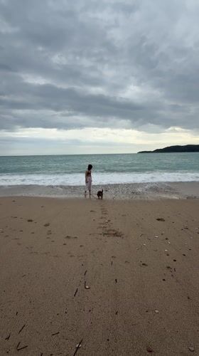 Woman plays with dog on Montenegro beach