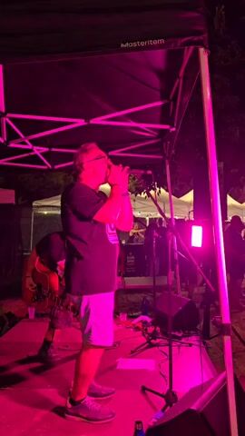 A man is singing into a microphone on a stage. He is wearing a black t-shirt and light-colored shorts. He has glasses on. He is wearing sneakers. Behind him, another person is playing a guitar. The stage is covered by a dark canopy with pink lighting. There are tents and other people in the background, suggesting an outdoor event. The stage floor is red. There is a speaker on the right side of the stage.