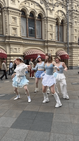 Young women perform coordinated dance in Moscow public square