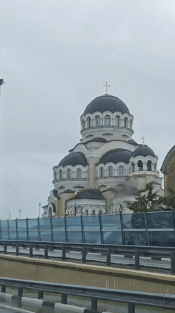 Morning scenes documented in Sirius, Russia include church, stadium