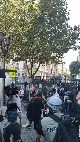 The video shows a group of people, including some wearing helmets and vests labeled "PRESS," gathered behind a barrier.  Smoke or vapor is visible on the left side of the frame. The barrier is covered in graffiti. In the background is a light-colored building with multiple windows. A large tree partially obscures the building and casts shadows on the scene. A street lamp and a yellow traffic sign are visible to the left.