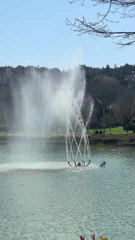The video shows a scenic view of a lake featuring three elaborate fountains in the middle. The fountains are composed of black structures that spray water upwards, creating a visually appealing water display. The lake is surrounded by a park area where people can be seen walking and relaxing. The background consists of a hillside dotted with residential buildings under a clear blue sky. The camera captures the scene from a stationary position near the edge of the lake, with some reddish-brown foliage visible in the foreground.