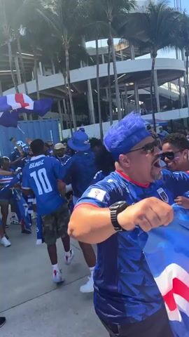 The video shows a group of people wearing blue jerseys and hats, presumably fans of a sports team. Many are smiling and cheering, and some are holding flags. The environment appears to be outdoors, with palm trees and a stadium in the background. The sun is shining, indicating it is daytime. The overall atmosphere is festive and enthusiastic.