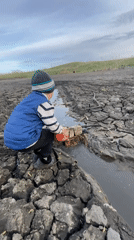 Boy places object in water channel amid cracked mudflats