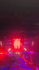 Packed Milan arena concert, X-shaped stage, red and purple lights