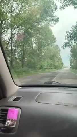 This video captures a first-person perspective from inside a car driving on a paved road. The road appears to be in a rural or semi-rural setting, bordered by lush green trees and vegetation on both sides. The sky is overcast, suggesting a cloudy or possibly impending rainy day.

The scene is dominated by the road stretching forward and the trees that line it. In the foreground, the dashboard of the car is visible, including the "SRS AIRBAG" text on a panel. The road itself shows signs of wear, with some cracks and patches, but it is clearly maintained.

As the car progresses, glimpses of what appear to be lampposts or signposts can be seen at intervals along the roadside, receding into the distance. The overall atmosphere is one of a serene, albeit perhaps slightly gloomy, drive through a natural landscape. There are no people visible in the frame, and the focus is on the journey and the surrounding environment. The location is identified as Bel'tirskiy, Russia.