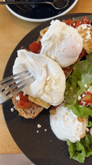 Morning brunch photographed at Choeng Thale cafe features Mediterranean dishes