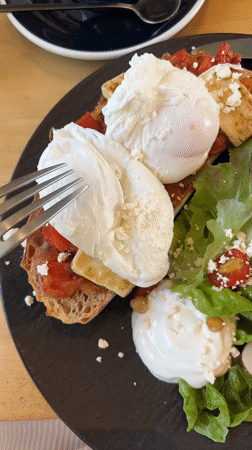 Morning brunch photographed at Choeng Thale cafe features Mediterranean dishes