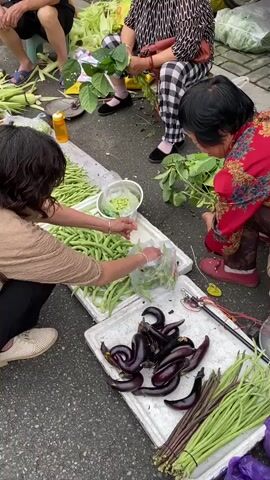 The video shows an outdoor market scene with several people and a variety of fresh produce. In the foreground, two women are crouched down, sorting through green beans. One woman, wearing a tan top and black pants, is placing green beans into a plastic bag from a large pile on a white styrofoam tray. The other woman, wearing a red and gold patterned top and dark pants, is also handling green beans and appears to be inspecting them. To their right, a pile of dark purple eggplants is arranged on a similar styrofoam tray, and to the far right, a bundle of long, thin purple vegetables, possibly long beans or asparagus, is visible. In the background, more produce, including corn husks, is piled up. Another person, wearing a black and white checkered outfit, is sitting and appears to be working with some leafy green vegetables. Further in the background, another person is partially visible, sitting on a blue stool. The ground is paved and appears to be asphalt. The overall impression is a busy, informal market setting where fresh produce is being prepared for sale.