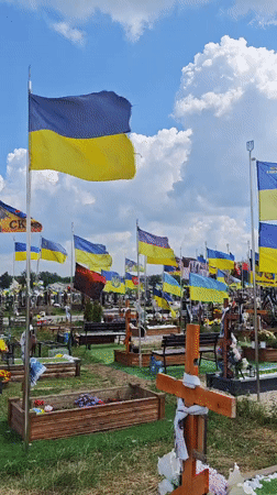 Ukrainian flags mark graves at a Vinnytsia cemetery