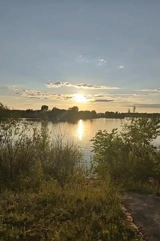 A static wide shot captures a sunset over a calm body of water. The sun, a bright golden orb, is visible low in the sky, reflecting intensely on the water's surface. The sky is a light blue with scattered white clouds. In the foreground, green bushes and tall grass line the bank, with a dirt path visible on the right. Distant trees and land are faintly visible across the water on the horizon.