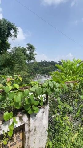 A scenic view of a rocky river flows through a lush green forest under a blue sky with scattered clouds. A chain-link fence runs along the foreground, with vibrant green foliage growing in front of it. The river shows white rapids in some areas, indicating a fast current. Some people can be seen on the riverbank in the distance. The camera appears to be stationary.
