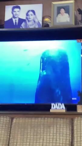 The video begins with a shot of a television screen displaying an underwater scene with sunlight filtering down. A large, blue shape, possibly a whale's tail, is visible on the right side of the screen. Small fish swim in the water. Above the television screen, there are framed photographs on a shelf. The photograph on the left shows a man and a woman in traditional attire. The photograph on the right shows a man in a military uniform. The television screen then transitions to show a full view of a sperm whale swimming in the blue ocean. The whale is large and grey, with sunlight illuminating its body. The bottom of the screen displays the word "DADA" in capital letters. The scene appears to be filmed from a couch, with the patterned upholstery of the couch visible in the foreground.