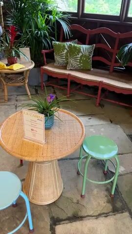 A video displays a close-up of a wicker table with a sign that lists drinks, including Pina Colada, Rum Punch, and coffee. The sign is in a clear plastic stand. A small potted plant with a purple flower sits on the table. In the background, a red bench with green pillows and large windows can be seen. Green plants surround the scene.