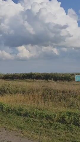The video shows a landscape with tall grass and bushes under a sky filled with large, puffy white clouds against a blue background. The camera appears to be moving, likely from a vehicle, as evidenced by the slight blur and the dynamic perspective of the passing scenery. There are no people or discernible objects in the foreground or mid-ground apart from the vegetation. The overall impression is of a rural or natural environment on a cloudy day.