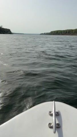 The video shows a first-person perspective from a boat moving through calm water. The water is dark green and has small ripples. The boat is white and its bow is visible in the foreground. On either side of the water are tree-lined shores. The sky is hazy and a light grey. The video is taken during the day.
