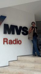 Woman poses at MVS Radio station in Mexico City