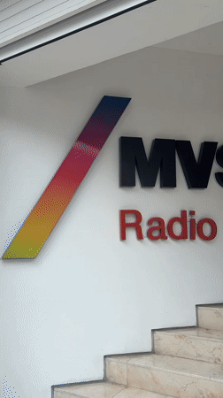 Woman poses at MVS Radio station in Mexico City