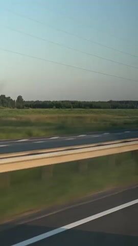 This is a vertical, first-person perspective video recorded from inside a vehicle traveling along a highway. The scene depicts a rural landscape of Jaunolaine, Latvia, during what appears to be the late afternoon or early evening, given the warm, soft lighting and clear, pale blue sky.

The primary subject is the motion blur of the highway and its surroundings. In the foreground, a lane marker with white and yellow lines is visible, indicating the road surface. A metal guardrail separates the highway lanes from the adjacent land. Beyond the guardrail, a wide, flat field of green grass stretches towards a dense line of trees that forms the horizon. The trees are lush and green, suggesting a temperate climate and likely the summer season. A few thin, dark lines of utility wires are visible in the sky, stretching horizontally across the frame.

In the middle ground, near the center of the frame, there are several road signs. The first sign encountered is a circular sign with a red border and a white background, containing the number "70" in black, indicating a speed limit of 70. This sign is blurred due to the vehicle's motion. To its right, a rectangular sign with a dark background is also visible.

The overall impression is one of serene travel through a peaceful countryside. The motion blur creates a sense of speed and movement, while the calm sky and green landscape evoke a feeling of tranquility. No people are visible in the video. The activity is simply the act of traveling by vehicle on a highway.