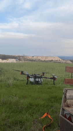 Agricultural spray drone takes off from Bulgarian field