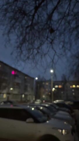 The video shows an outdoor scene in a residential area at dusk or early evening. Two multistory apartment buildings stand across a street, with lit windows. The sky is a dark blue, with thick clouds.  A bare tree branch frames the top right of the shot. In the foreground, several cars are parked in a row. Streetlights are visible between the buildings. Puddles are visible on the road.