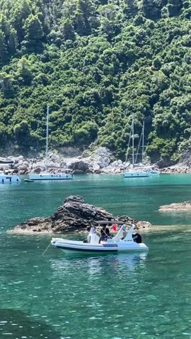 A speedboat with several people onboard approaches a rocky outcrop in the clear, turquoise water. In the background, several sailboats are anchored in a bay surrounded by a lush, green, tree-covered hillside.