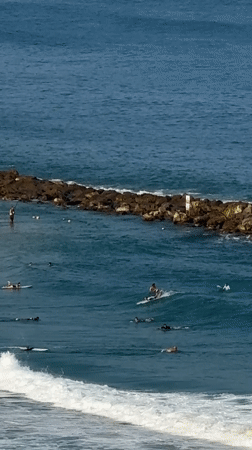 Surfers and jet skis share Netanya's coastline on a summer morning