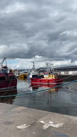 The video shows several fishing boats docked in a harbor. In the foreground, a concrete pier runs along the bottom of the frame. A thick blue rope is stretched across the water, tied to the pier on the right side. The water is dark and choppy, reflecting the sky and the boats. Several boats are visible, including a large red and white fishing boat in the center of the frame, and a dark red boat on the left. The boats are docked next to each other, and some appear to be preparing to leave the harbor. The sky is overcast with dark clouds, suggesting that the weather might be changing. The background shows industrial buildings and some trees. The overall impression is one of a working harbor on a cloudy day.