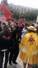 Traditional cultural celebration with dancing and music in La Paz