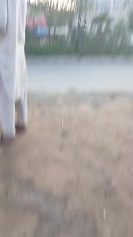 The video opens with a static wide shot of a mosque in Mandihar, Pakistan, featuring a prominent white structure with a green dome and a tall, multi-tiered minaret equipped with loudspeakers. Trees and foliage line the area between the mosque and a paved road with a dirt shoulder in the foreground. The sky is bright, suggesting either early morning or late afternoon.

The scene then shifts to a close-up of a street food stall by the roadside. A man wearing a light-colored shalwar kameez stands behind a red, pushcart-style stall with a colorful canopy, appearing to prepare or handle food. A yellow bucket sits on the ground next to the stall. Partially visible text and a small portrait are on the side of the stall.

The final shot provides a slightly wider view of the food stall area. Two men are interacting at the stall; the first man continues his work, while a second man in a white shalwar kameez leans over the counter. In the foreground, the lower bodies of two people are visible sitting on chairs, one wearing a brown robe and black sandals. A large standing fan is positioned near them, facing the street, suggesting warm weather. Bicycles are also visible in the background, completing a typical street scene in Mandihar, Pakistan.