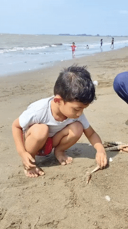 Kids play on a shell-scattered beach in Lhokseumawe