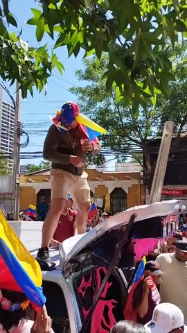 The video shows a group of people celebrating in the street.  A man in a cap, khaki shorts, and a long-sleeved shirt is standing on the roof of a silver vehicle, waving a Venezuelan flag and holding a glass.  The car's speakers are painted with pink flames. Other people are crowded around the car, many holding Venezuelan flags and drinks.  The scene takes place on a sunny day with blue skies, next to a building with the sign "Estacion Bistro."  Trees are visible in the background. The people seem cheerful and festive.