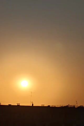 A vertical video shows a sunset over a city skyline. The sun is a bright, white orb in the center left of the frame, casting a warm orange glow across the sky. Silhouetted against the sky are the rooftops of buildings, along with several chimneys and an antenna. The sky transitions from a pale blue at the top to a deep orange near the horizon. A small bird can be seen flying in the distance on the right side of the frame. The overall mood of the video is peaceful and serene.