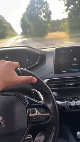 This is a first-person point-of-view video taken from inside a car, likely a Peugeot judging by the emblem on the steering wheel. The driver's hand is visible on the steering wheel. The car is driving on a paved road with trees lining both sides, suggesting a rural or suburban setting. Sunlight is streaming through the trees, indicating it is daytime, likely late afternoon due to the low angle of the sun and the lens flare. The sky is partly cloudy. The dashboard displays information, including a speedometer showing approximately 61 km/h at one point and a digital screen displaying "Ds" and other symbols. The central infotainment screen shows a Peugeot logo and some text in Russian, including "Опции" (Options) and "Соединение" (Connection). There are other vehicles visible on the road ahead and in the opposite lane. The overall mood is relaxed and suggests a pleasant drive on a sunny day. While Münster, Germany is provided as location context, there are no specific visual cues within the video to confirm this location, such as landmarks or distinctive architecture.