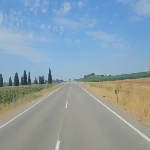 A POV shot of driving down a rural highway. The road is paved with white lines marking the lanes. On the left, there are some tall, slender trees and dry grass. On the right, there is dry grass and a field of crops. The sky is blue with a few scattered clouds. There are a few distant cars visible on the road ahead. The overall impression is of a sunny, summer day in the countryside.